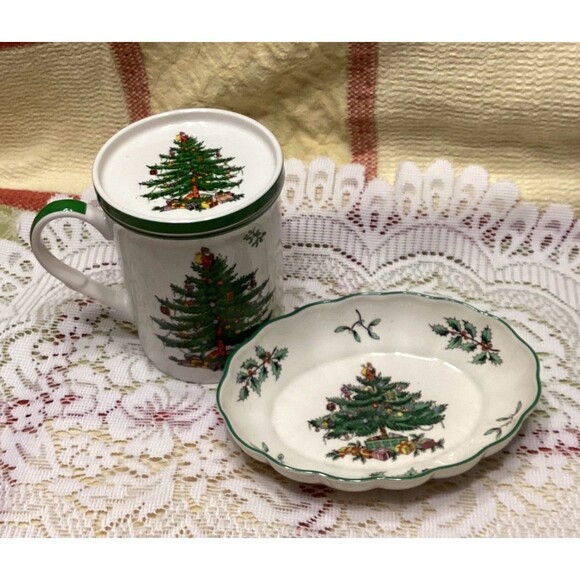Spode England Christmas Tree Small Oval Platter & Coffee Cup with Coaster - Picture 1 of 12